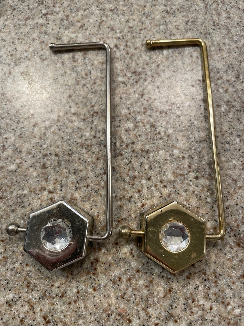 2 Under-counter Purse Hooks with Crystal decor. Gold and silver tone.